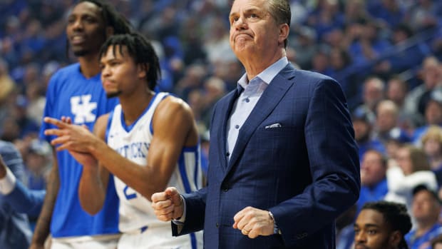 Feb 13, 2024; Lexington, Kentucky, USA; Kentucky Wildcats head coach John Calipari reacts during the first half against the Ole Miss Rebels at Rupp Arena at Central Bank Center. Mandatory Credit: Jordan Prather-USA TODAY Sports